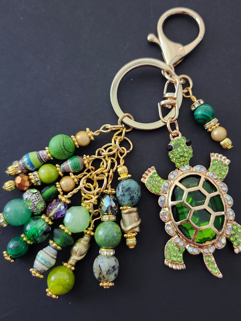 Rhinestone Turtle Purse Charm or Keychain Jade Jasper Aventurine Handcrafted